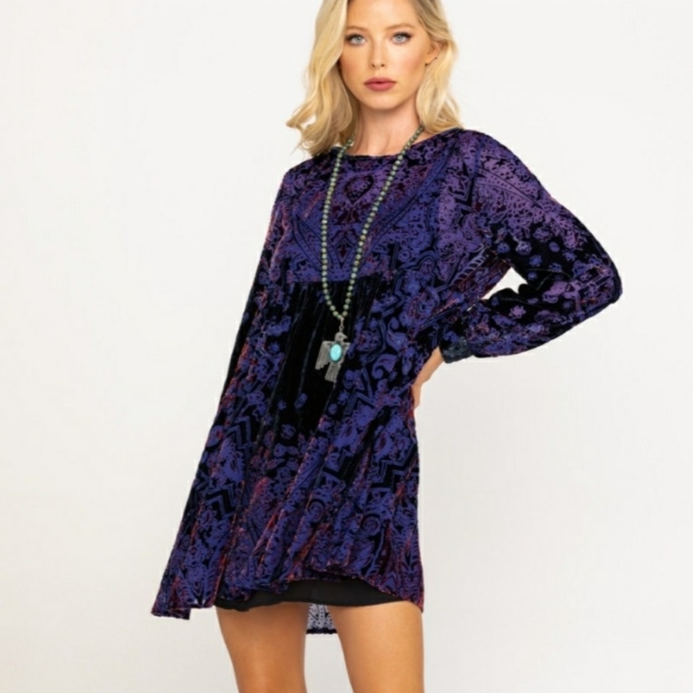 Free People Mirror Mirror Velvet Burnout Tunic Dress in purple size xs